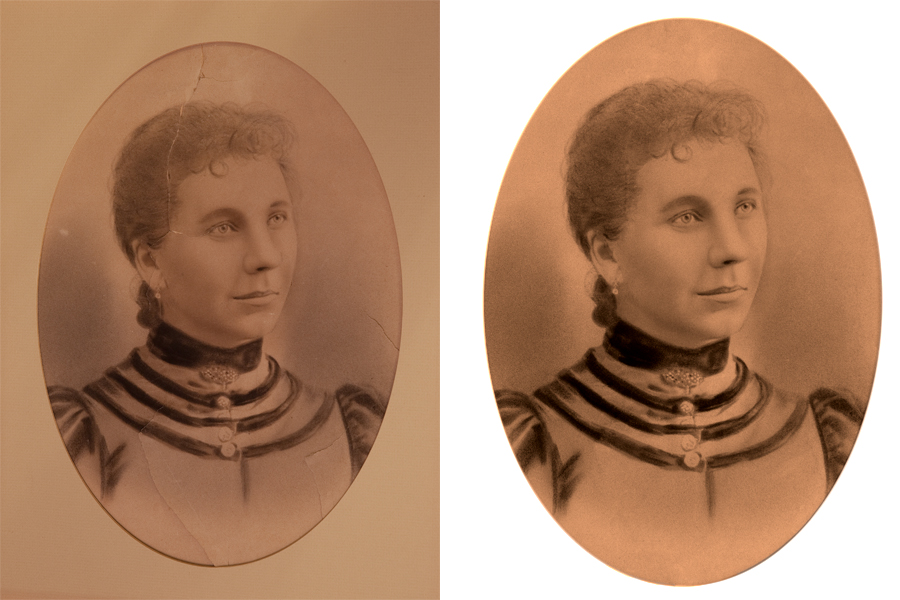 This an example of a photograph restored by Brian Charles Steel photography.  It is a portrait of a woman in an old fashioned dress.  The dress four buttons leading up to the collar.  Each button is on a stripe that goes around her body.  Her hair is pulled back. 